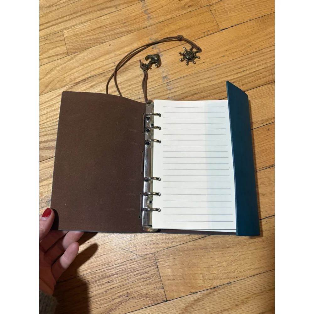 Trifold Teal Leather Journal Cover Refillable Binder Compass With Cord Charms